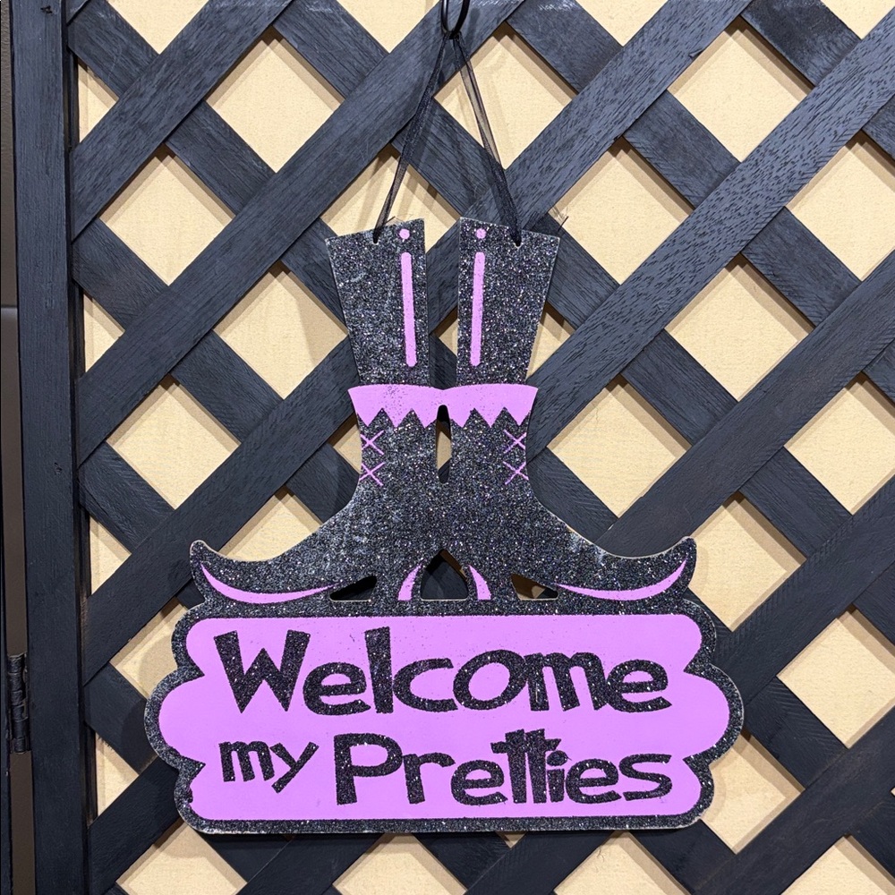 Welcome My Pretties Witch Boots Hanging Halloween Decor